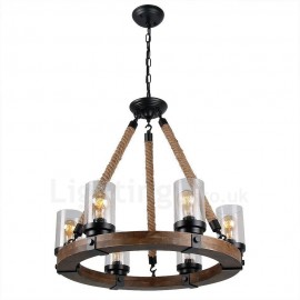 6 Light Ring Vintage Wooden Chandelier Industrial Wind Bar Loft Coffee Restaurant Wood Linear Pendant Lighting